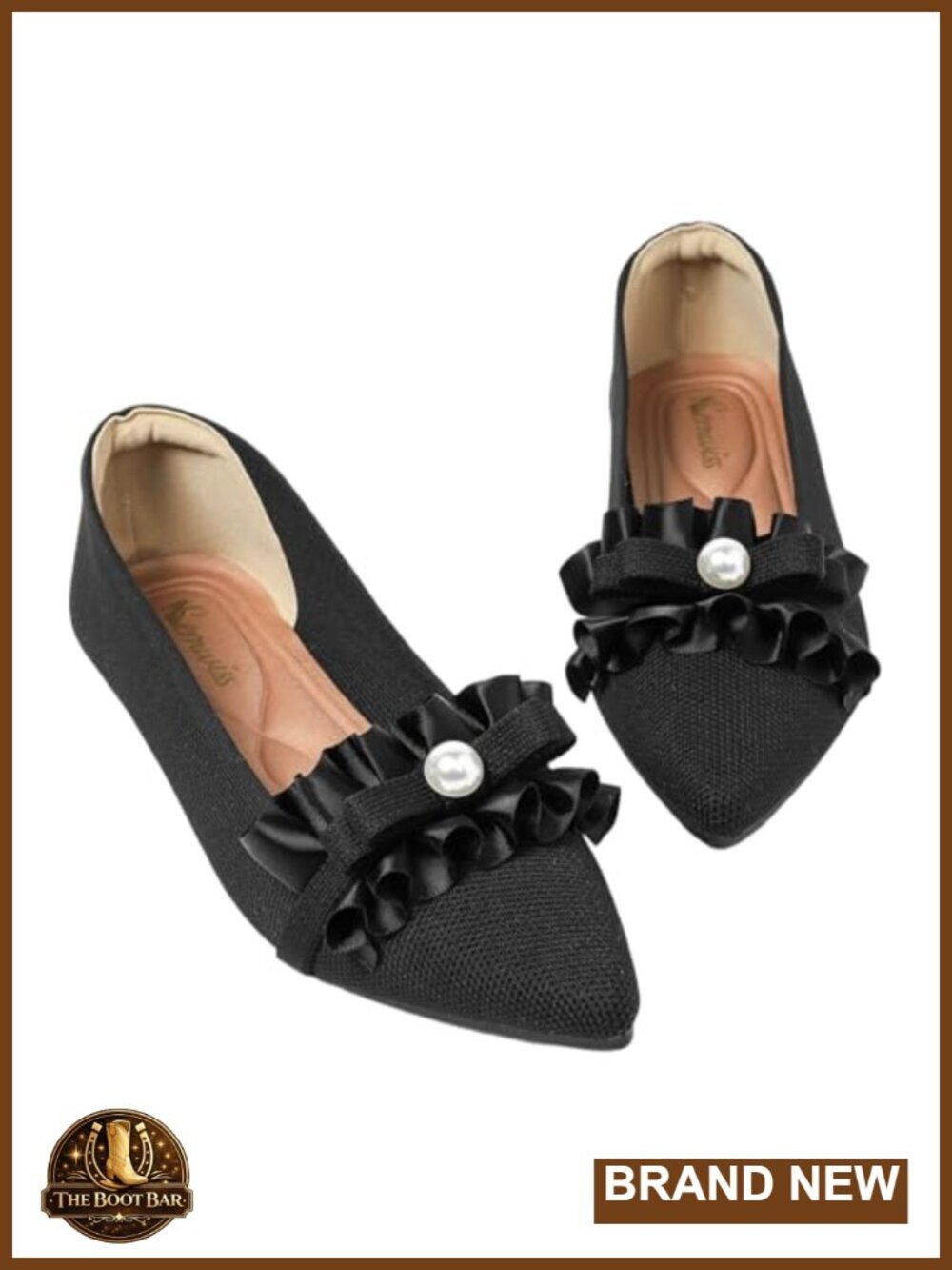 Pointed Toe Ballet Flats with Ruffle Bow and Pearl Accents, Memory Foam